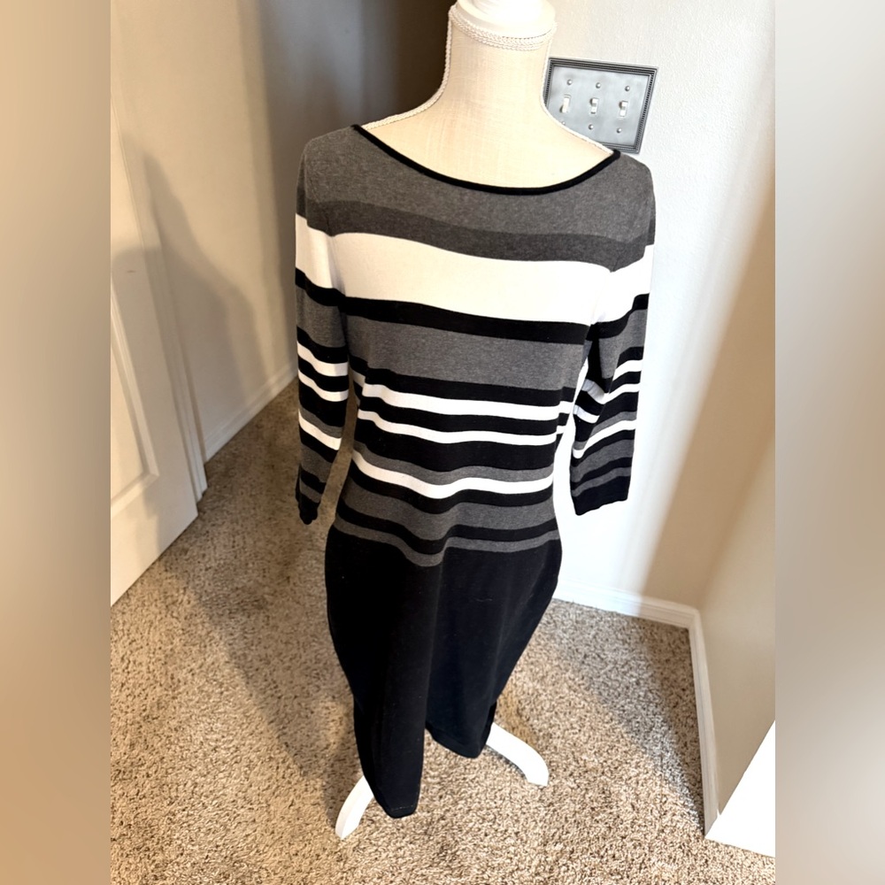 Ralph Lauren sweater dress. Size L, black, white and gray stripes 3/4 sleeves